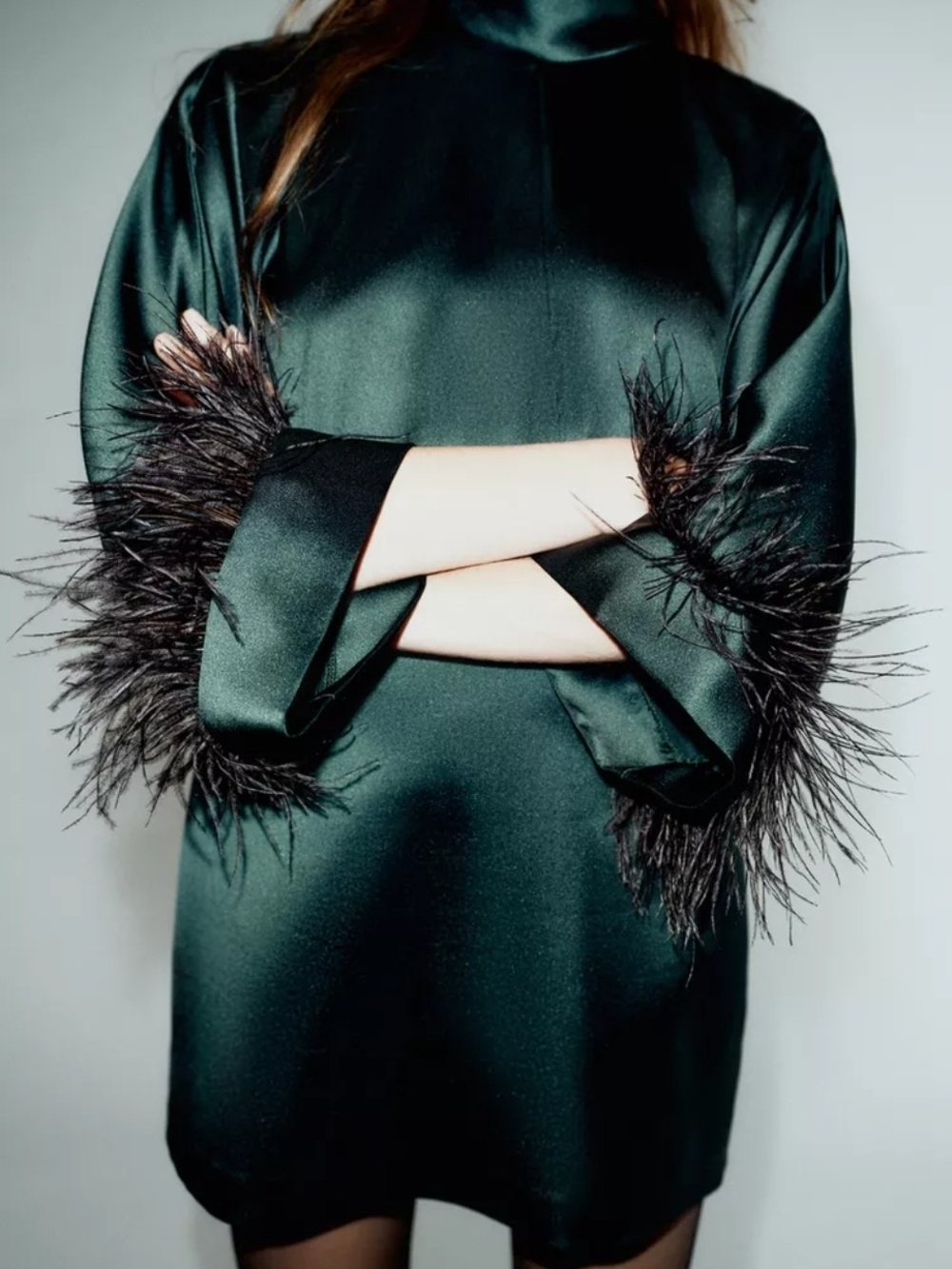 Zara Feather Satin Effect Short Dress in Deep Green - Picture 6 of 10